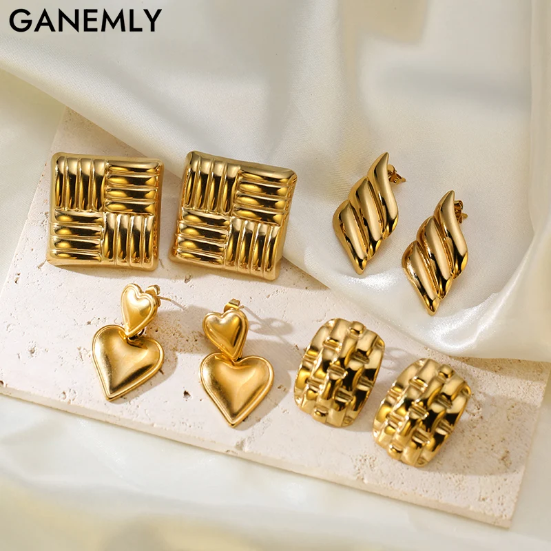 GANEMLY 316L Edelstahl Metall Gold Farbe Geometrische Herz Tropfen Ohrringe Für Frauen Mode Neue Ohrring Wasserdicht Schmuck