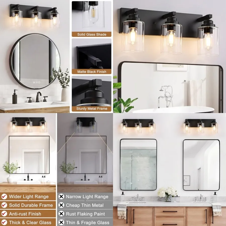 

Bathroom Light Fixture, 3 Light Matte Vanity Light, 18.8" Modern Farmhouse Bathroom Lighting Fixtures Over Mirror, with Clear G