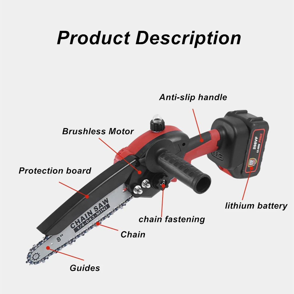 3500W 8 Inch 21V Electric Saw Brushless Mini Powerful Cordless Chain Saw Woodwork Handheld Branches Pruning Garden Cutting Tool