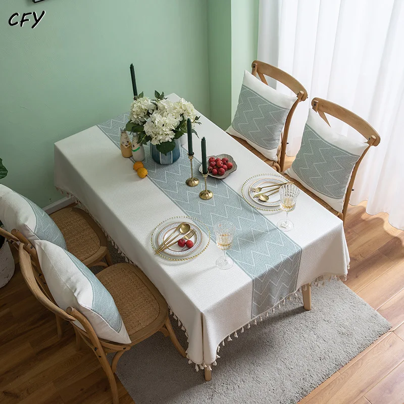 

Cotton Linen American Style Jacquard Large Wave Beige Tassels Rectangular Tablecloth Coffee Desks Cover for Dining Table