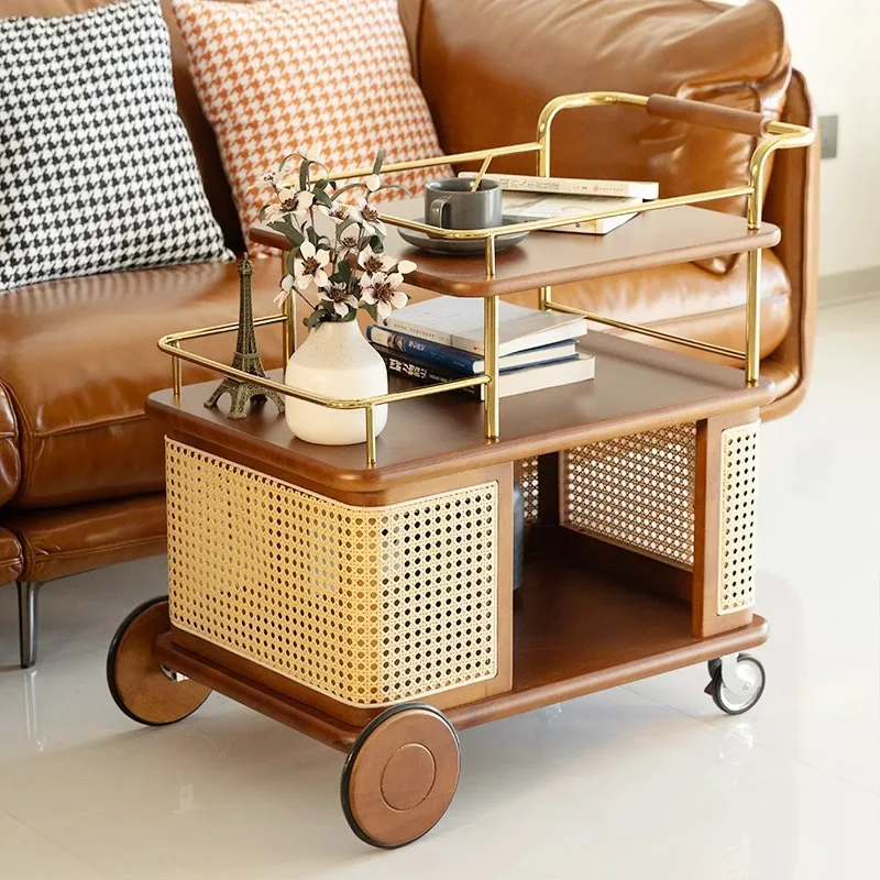 Solid wood rattan trolley living room sofa side storage rack movable side cabinet medieval dining car wholesale