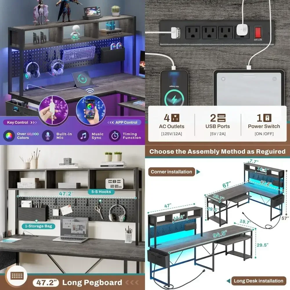 

Бестселлер! Горячие продажи! Угловой стол руководителя 94,5 дюйма со встроенной розеткой и перфорированной панелью, L-образный, с LED-подсветкой.