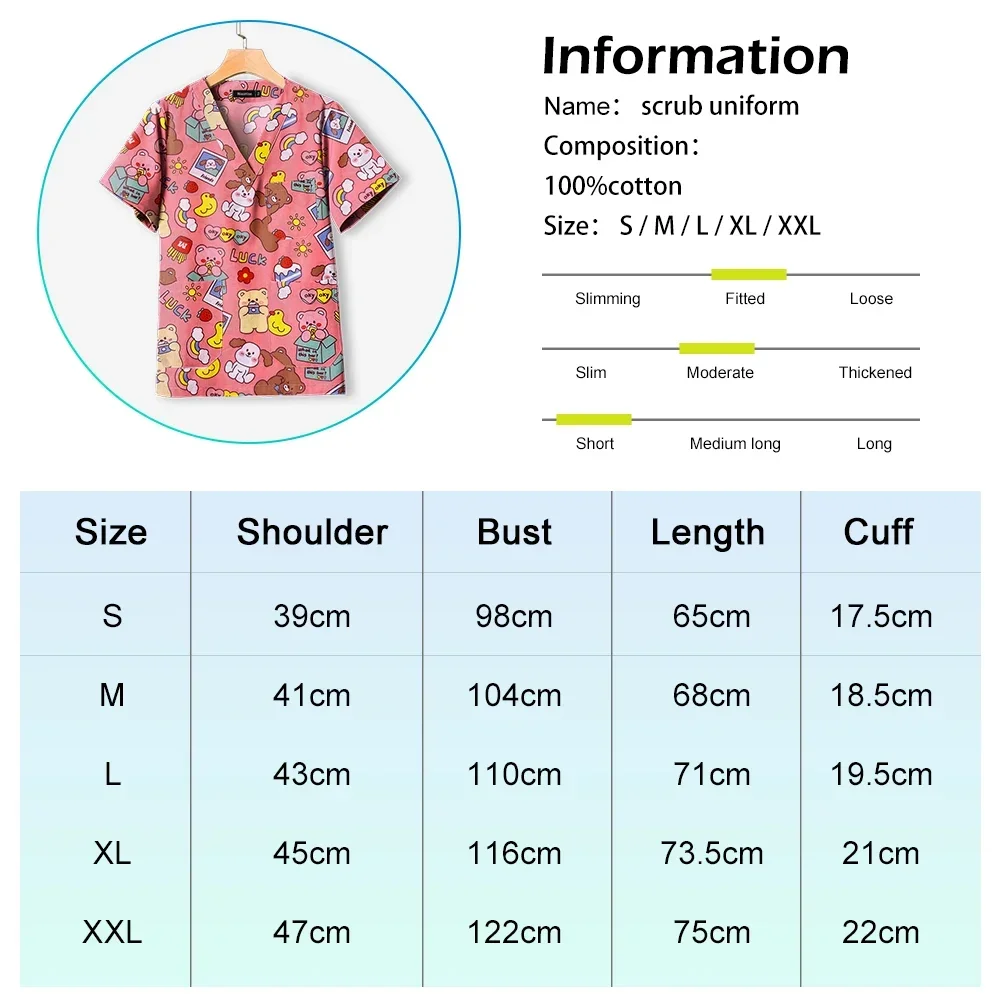 Cotton Printed Medical Uniforms Nurse Accessories for Work Doctor's Surgical Scrub Cartoon Pattern Short Sleeved Shirt Women Men