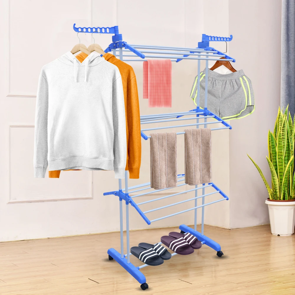 High Quality Three Layer Towel Rack Blue Color For BathroomClothes Storage Drying Rack Portable Folding Dryer Hanger Heavy Duty