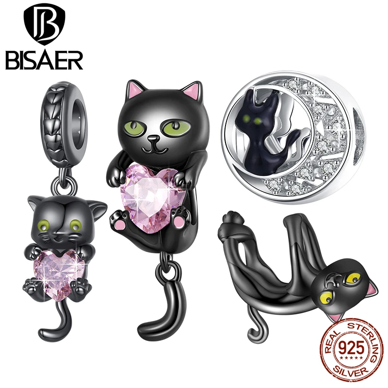 BISAER 925 Sterling Silver Black Cat Charm Bead Cute Pet Pink zircone Heart Pendant Fit Women fai da te Bracele Fine Jewelry Party Gift