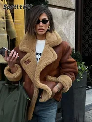 Elegant Lapel Long Sleeves Single Breasted Short Coats Women Lamb Woolen Patchwork Suede Jacket 2024 Autumn Winter Lady Outwears