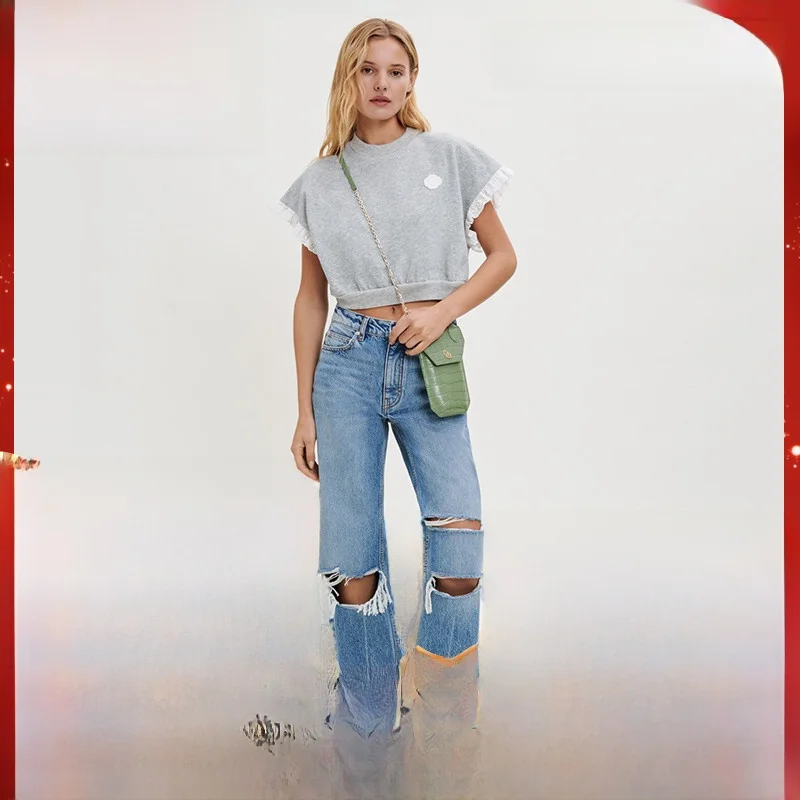 

Вязаный свитер MaSandeM Spring с кружевом и рукавами «летучая мышь» для девочек, уличный стиль, круглый вырез, хлопок, внутренний слой из другого материала