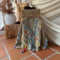 Unique Handcrafted Colorful Fringe Cable Knit Cardigan Sweater Coat for Women Artistic Vintage Handmade Chunky Knit Jumper