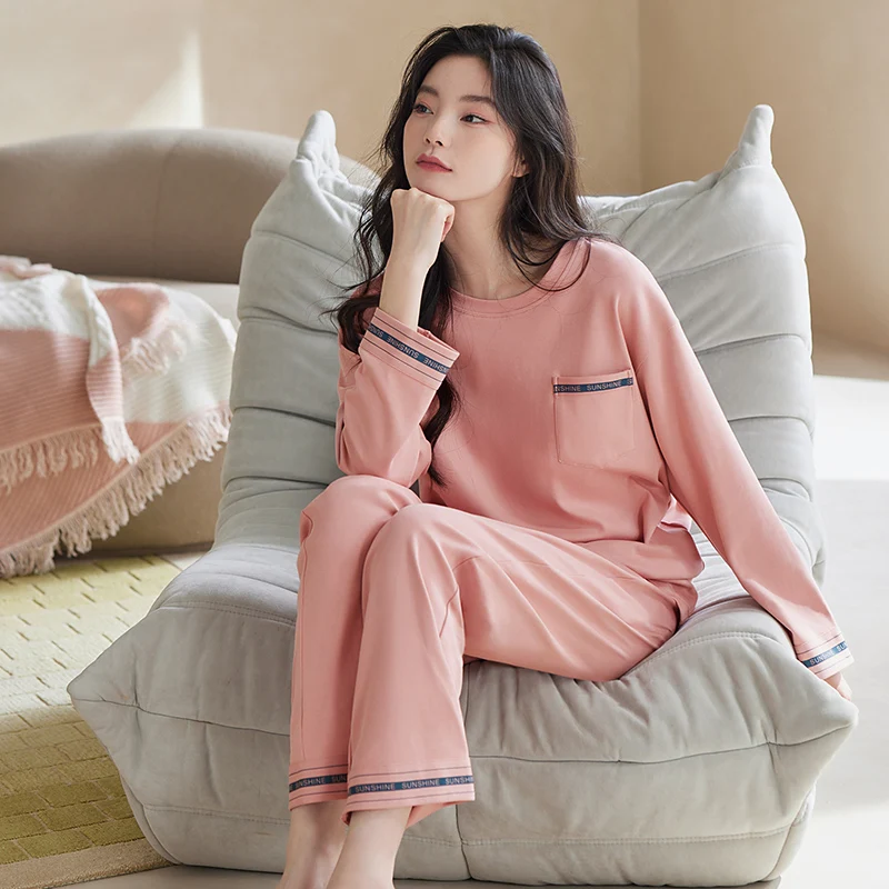 

Full Pure Cotton 2PCS Pajamas Long Sleeve Pijamas Mujer Femme Loose Nightwear Suit Female Casual Homewear Pajama Set For Women