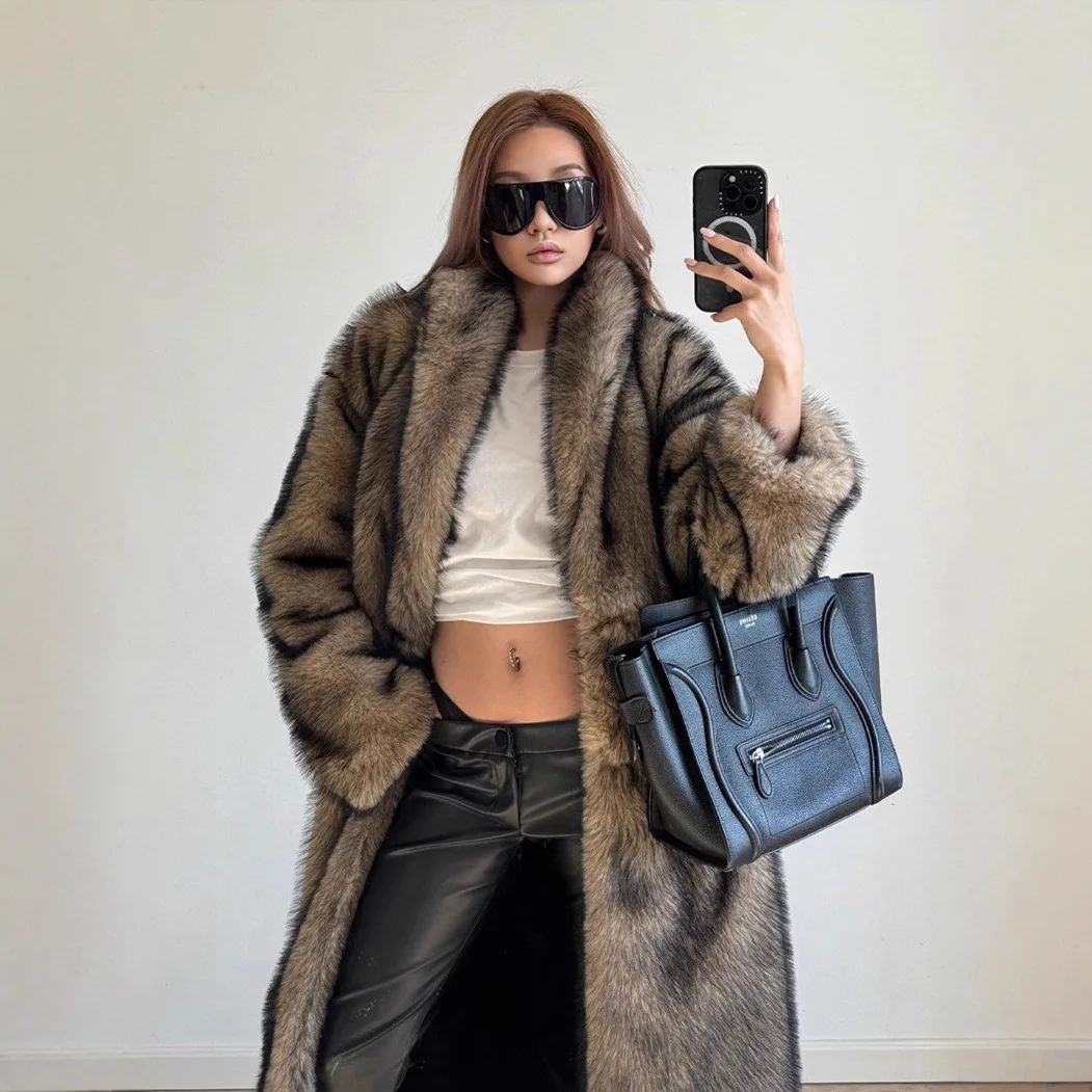 Women's Autumn Winter 2026 New Arrival Faux Fox & Raccoon Fur Coat Eco-Friendly Warm Stylish Faux Fur Overcoat for Russian Cold