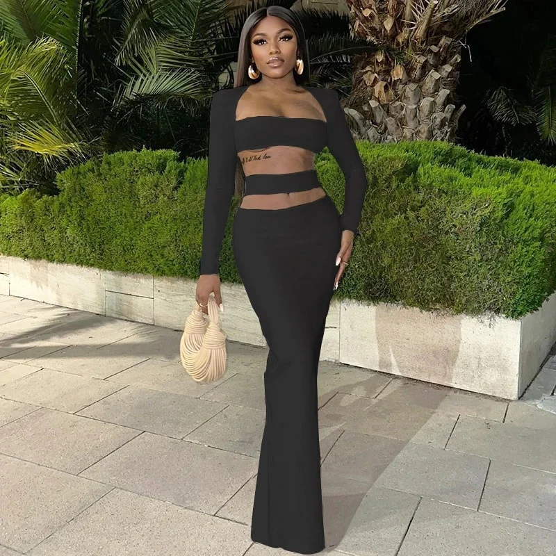 

Solid Color Hollow Out Exposed Navel Long Sleeved Top Sexy Low Waist Half Length Skirt Fashion Temperament Women's Two-piece Set