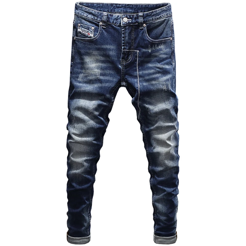 Italian Style Fashion Men Jeans Retro Dark Blue Elastic Stretch Slim Fit Ripped Jeans Men Vintage Designer Denim Pants Hombre