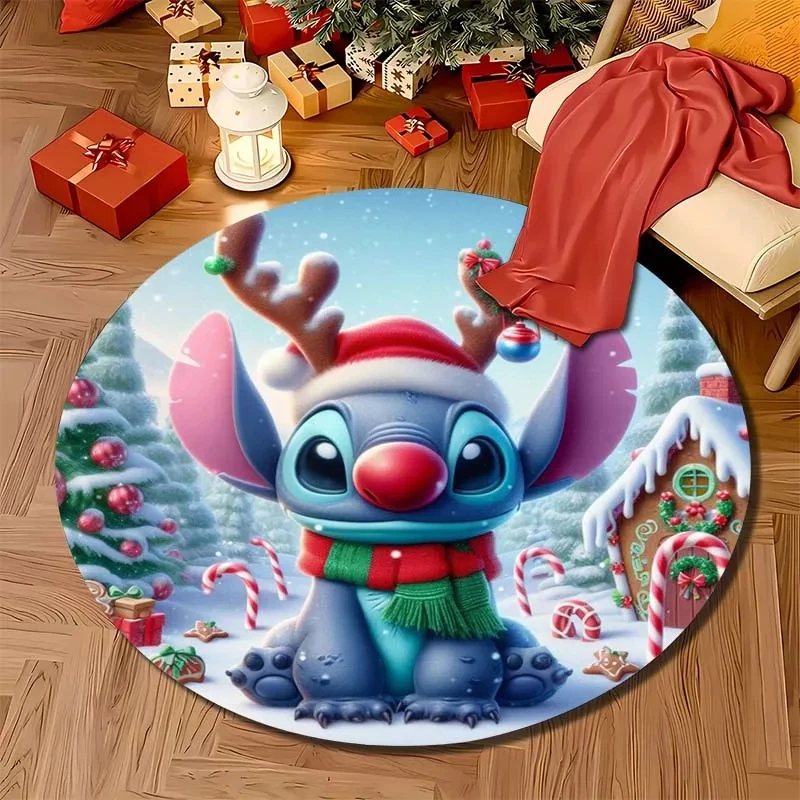 MINISO DISNEY Stitch Christmas Printed Round Rug Bedroom Living Room Carpte Doorma Sofa Table Home Area Rug Floor Mat Decor