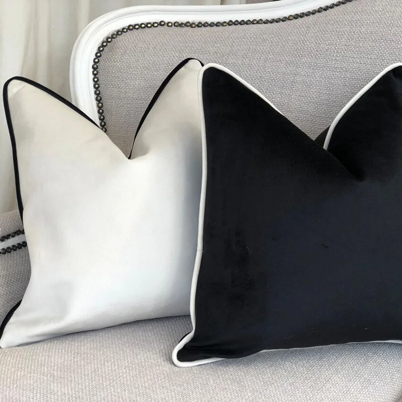 Taie d'oreiller à ourlet en velours noir et blanc de haute qualité, style nordique simple, taies d'oreiller modernes, housse de coussin de luxe légère, 60x60