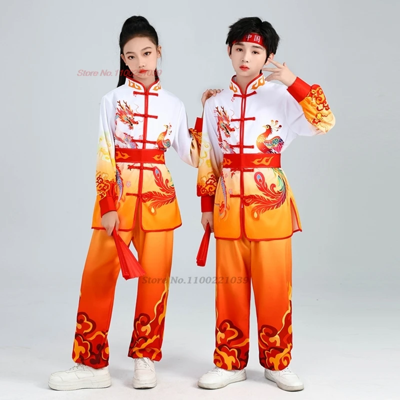 

2025 chinese children tai chi wushu kung fu martial arts national dragon phoenix print tops+pants training exercise performance