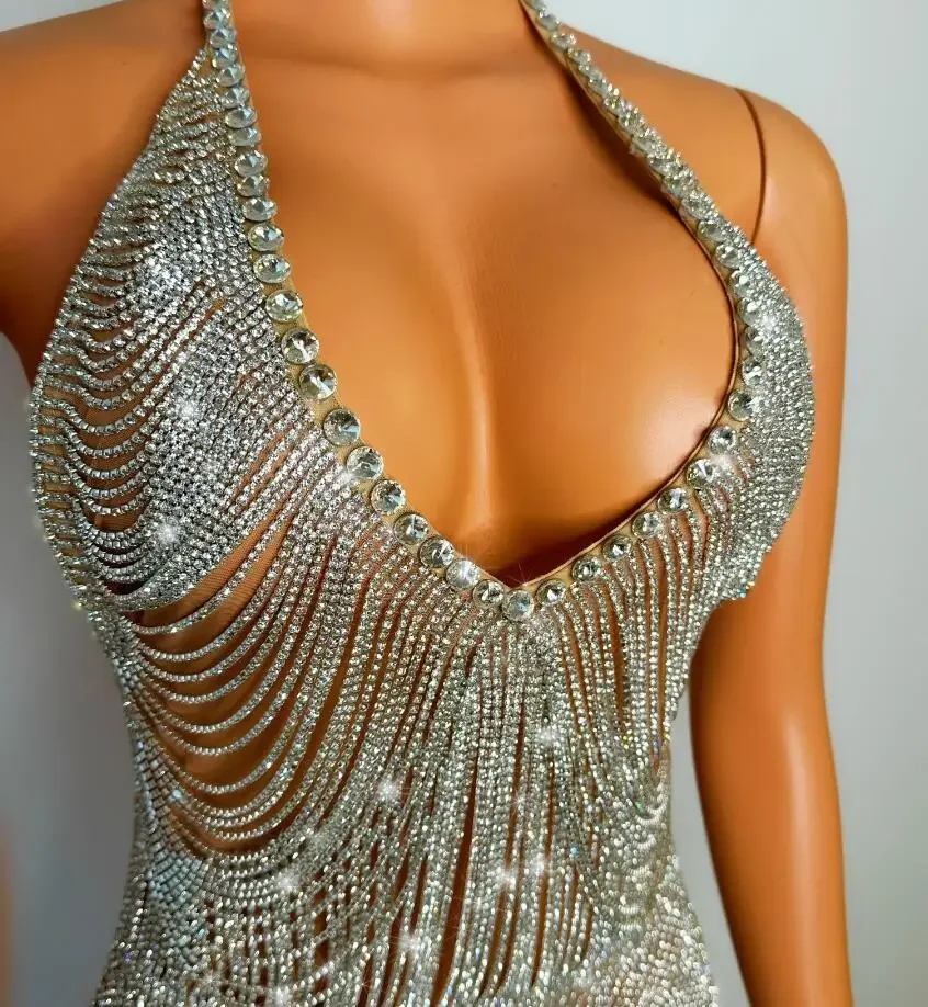 Catene di cristalli d'argento strass Sexy abito trasparente abito da sera ballerino compleanno festeggia Costume Club Dress