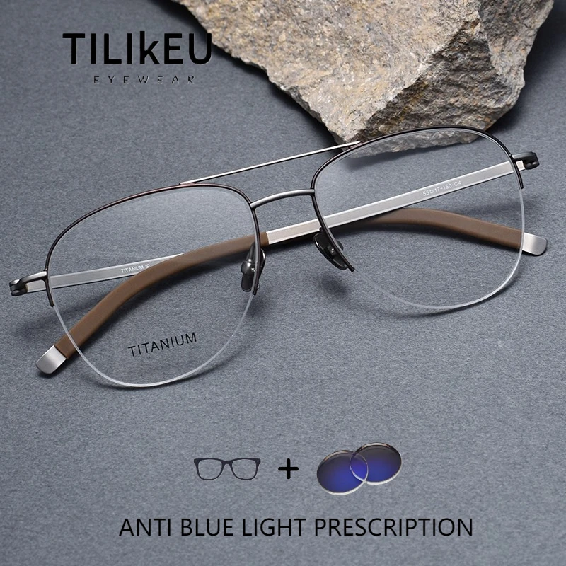 

Vintage Double Beam Large Frame Pure Titanium Anti-Blue Light Glasses Men Big Face Half-Rim Near Vision Prescription Eyeglasses