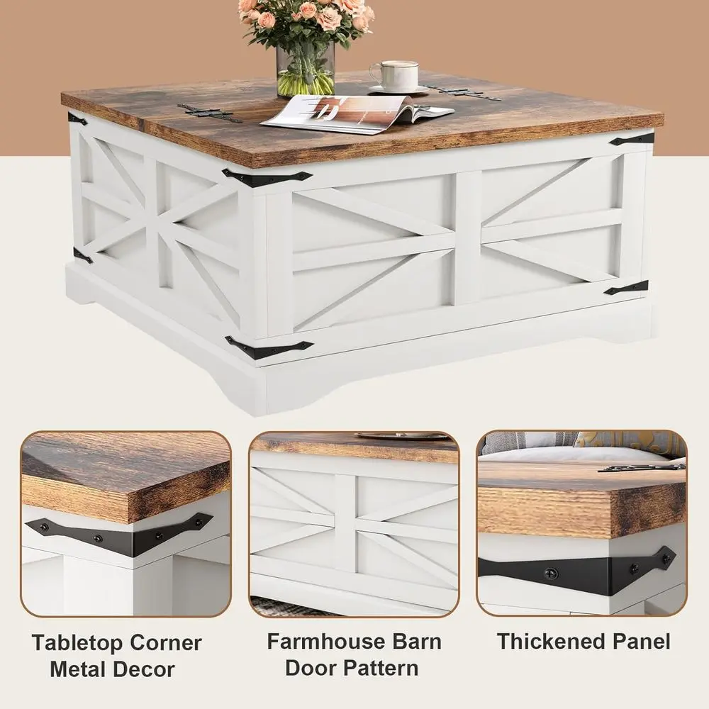 Coffee Table with Storage, Square Coffee Tables for Living Room, Rustic Wood Center Table with Hinged Lighting Tabletop, White