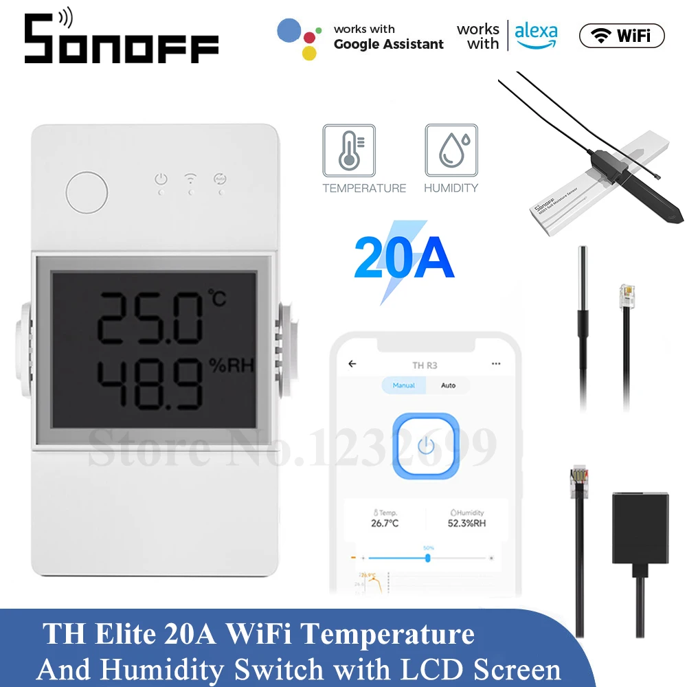 SONOFF TH Elite-interruptor inteligente de 20a, dispositivo con Wifi, control de temperatura y humedad, temporizador, pantalla LCD, modo automático, contacto seco, asistente de hogar