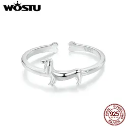 WOSTU Real 925 Sterling Silver Dachshund Open Ring For Women Pet Paw Adjustable Rings Fine Jewelry Gift For fimaly Daughter