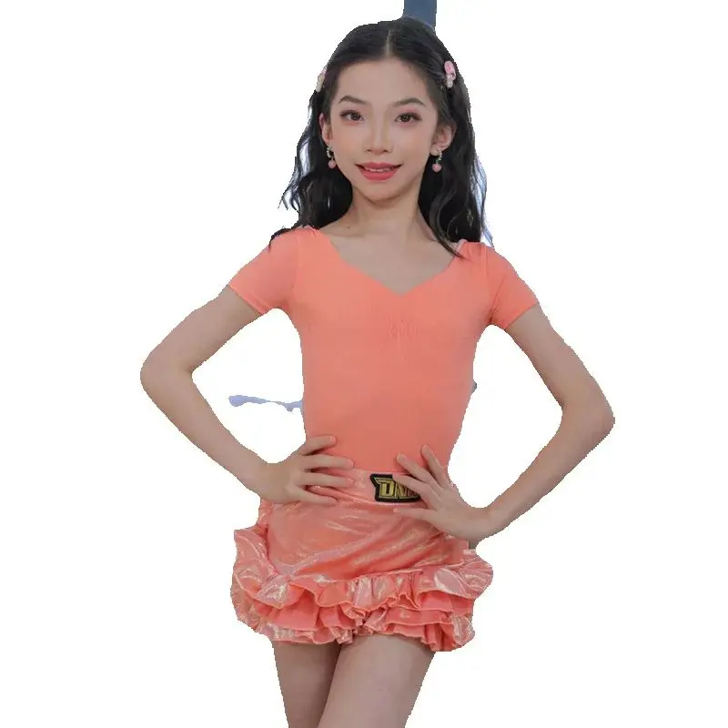 Children'S Chacha Latin Dance Costume Orange Latin Dance Performance Dress Kids Rumba Samba Dancing Clothes Stage Wear SL13519