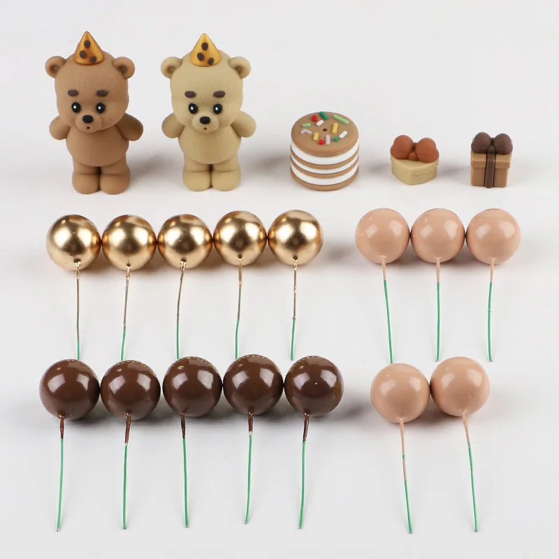 Bear Cake Topper Set Cute Bear Foam Brown Gold Ball Gift Box Cake Decorations Birthday Baby Shower Themed Party Supplies