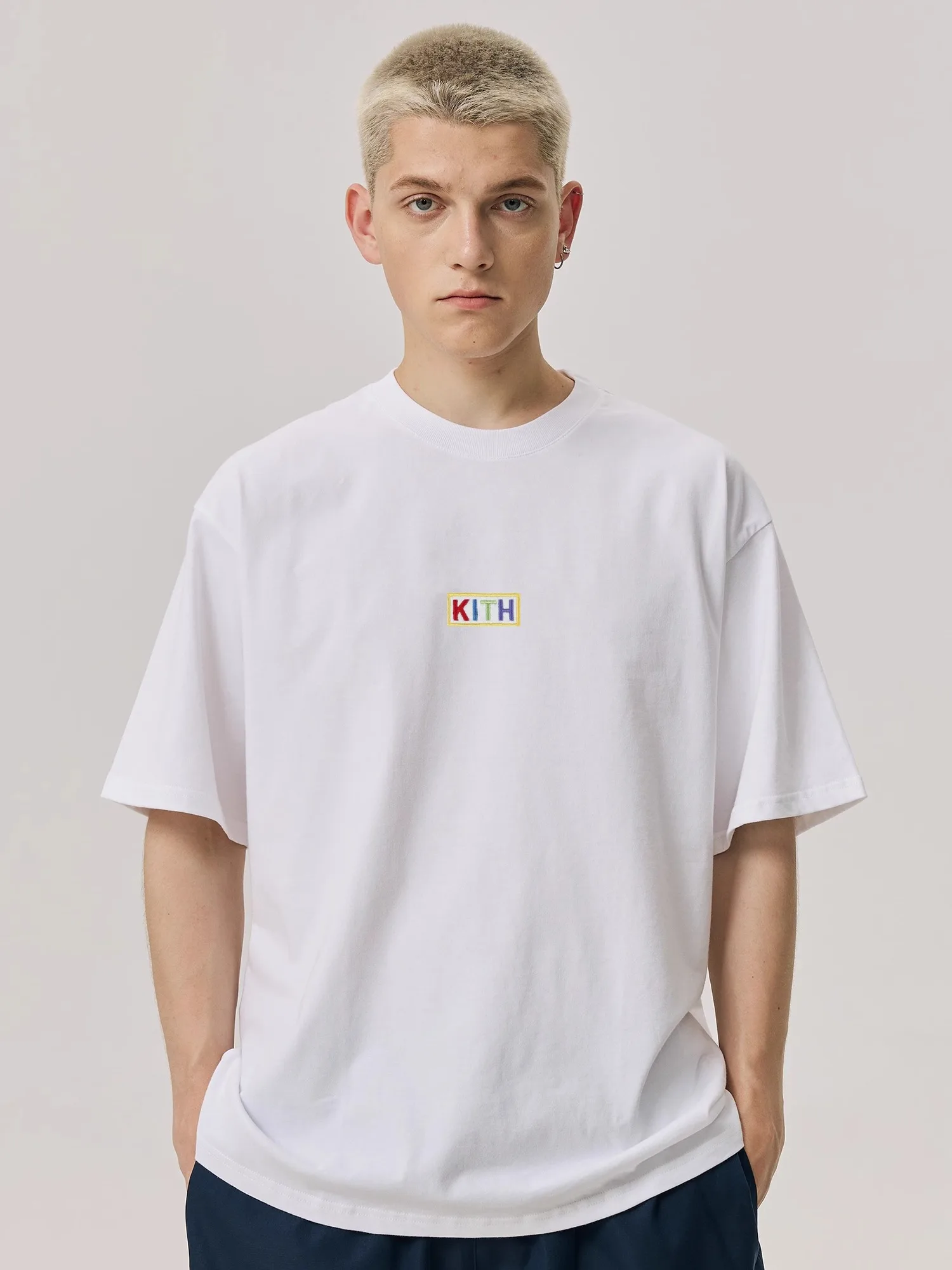 

KITH Box Letter Embroidery ort Sve Футболка мужская летняя свободная посадка f Sve круглый Ne Цветной модный топ