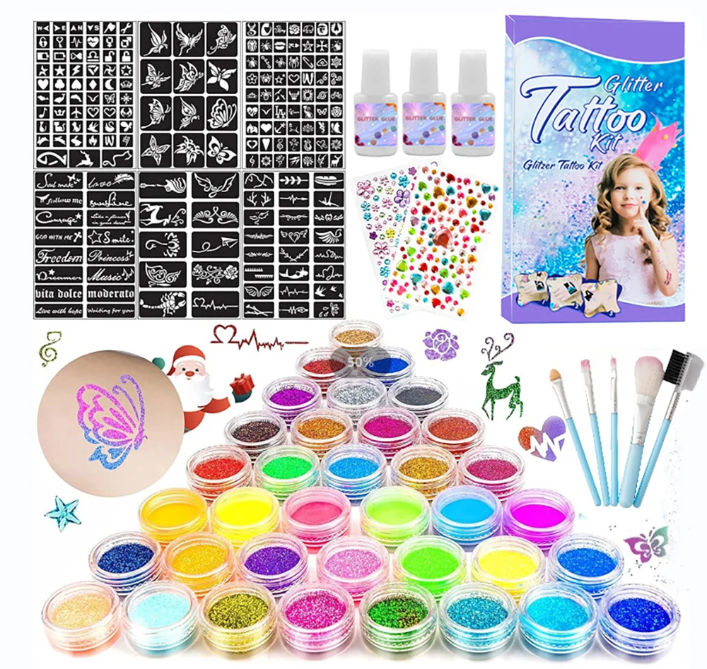 Tatuaje temporal con purpurina con plantillas, 30 colores brillantes, adultos, niños, artes corporales, Kit de maquillaj
