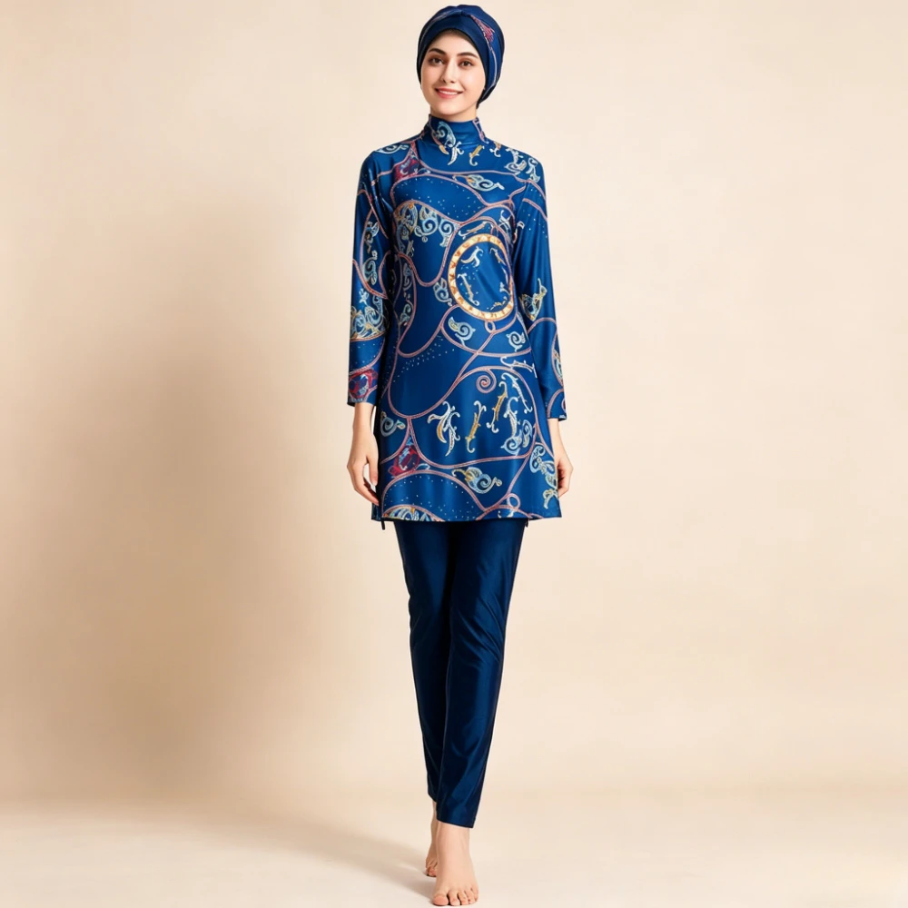 3 Pieces Muslim Modest Swimsuit For Women, Full Coverage Printed Burkini Swimwear With Hijab Islamic Conservative Bathing Suit