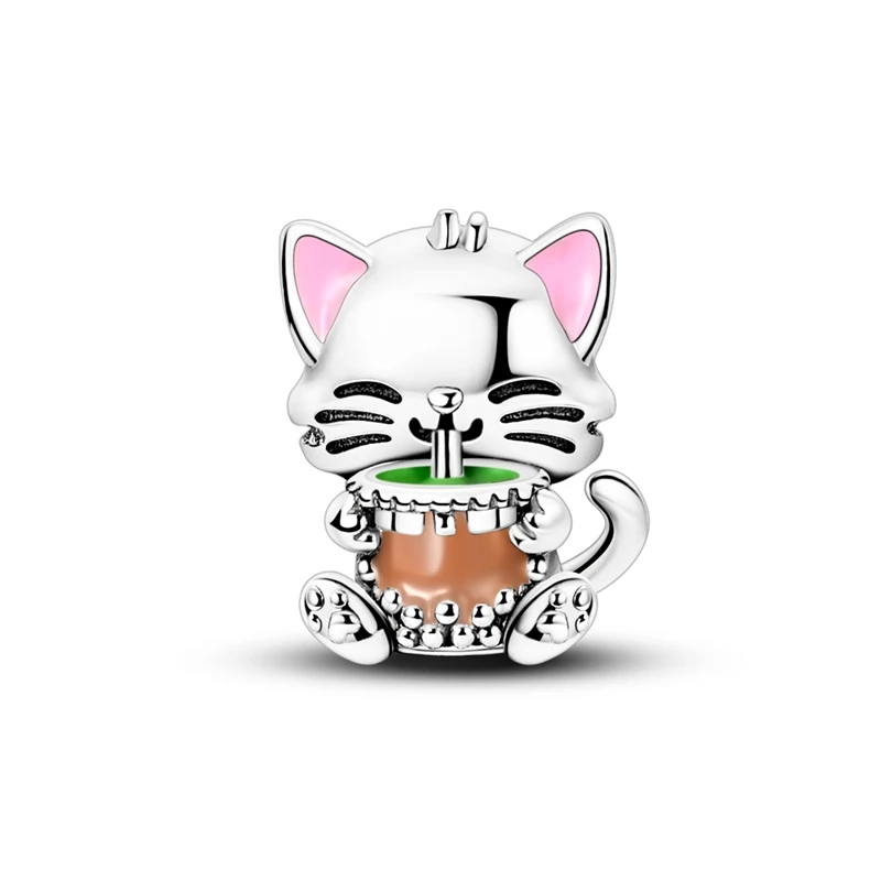 

925 sterling silver cat drinking milk tea bead matching original necklace bracelet DIY gift for ladies