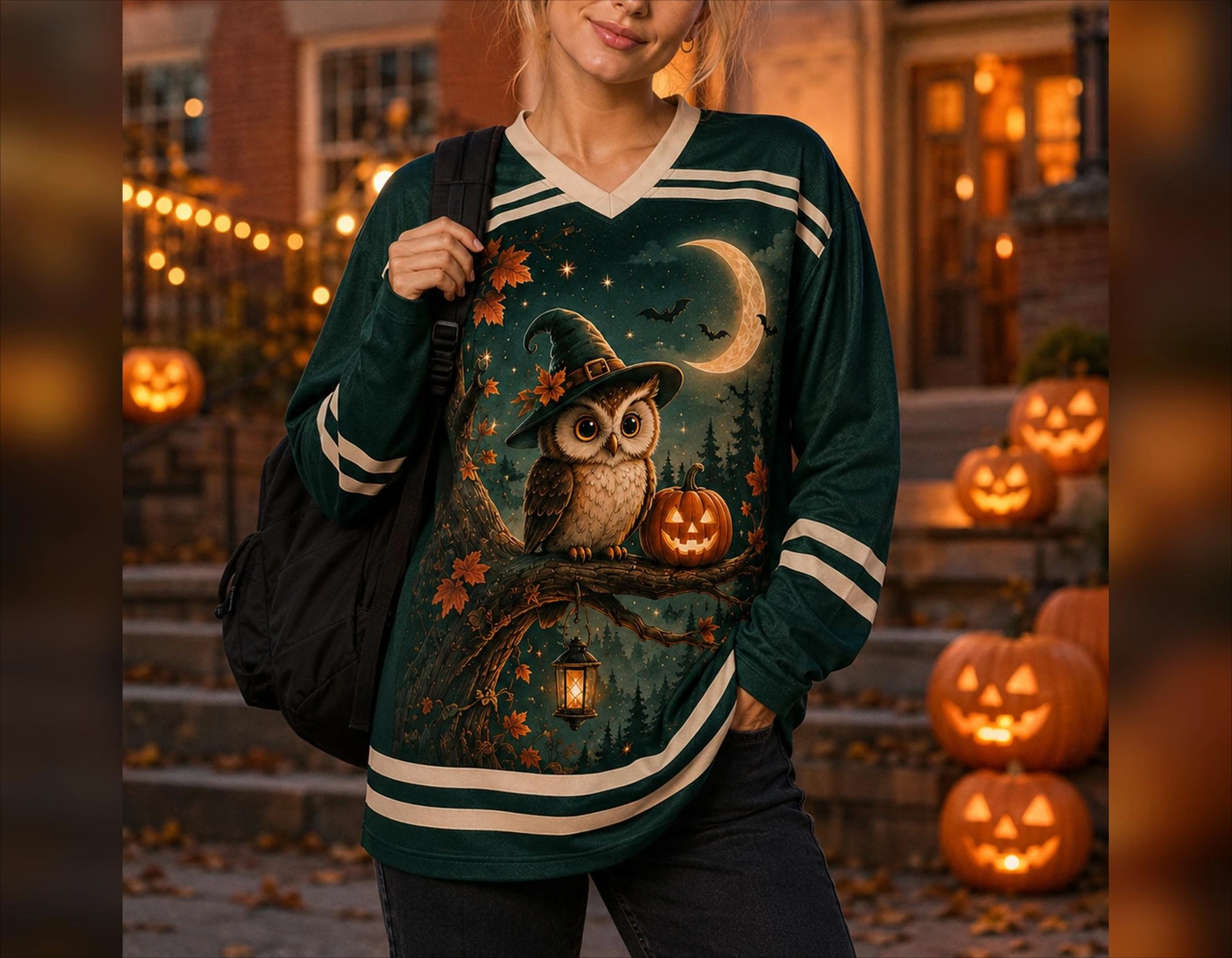 Halloween Wizard Owl Ice Hockey Jersey Long Sleeve Witch Hat Crescent Moon Pumpkin Forest Print Halloween Top Family Matching