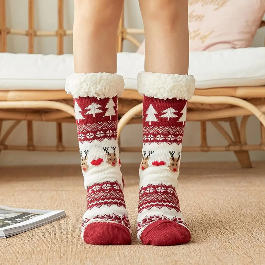 

New Year Socks Cozy Winter Floor Socks with Christmas Elk Snowflake Print Thick Plush Leg Warmers for Fall Winter for Extra