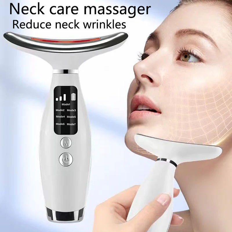 Portable 7-Color LED Light Therapy Facial And Neck Massager, 3 Adjustable Levels, Gentle Vibration, Anti-Wrinkle, Skin Firming