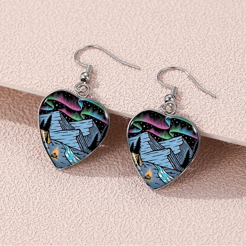2024 New Mountain Camping Dangle Earring Heart Shaped Earrings Handmade Glass Dome Jewelry