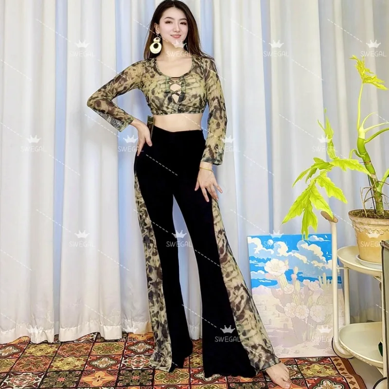 

Индивидуальный тренировочный наряд для танца живота, костюмы для восточных танцев, зеленые брюки с леопардовым принтом, брюки с высокой талией