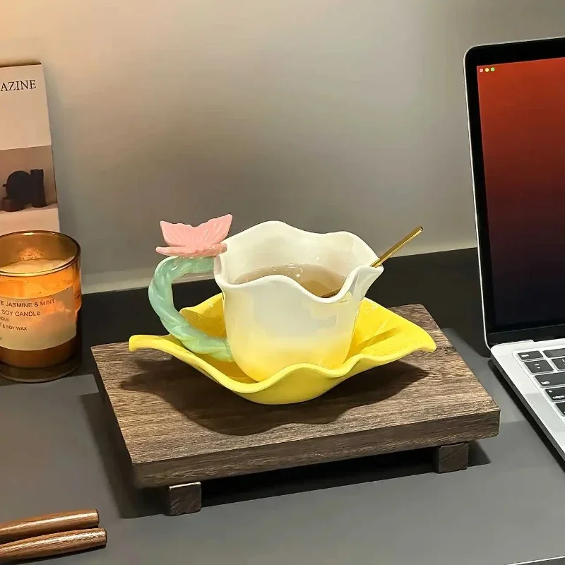 280ml Butterfly Flower Edge Ceramic Coffee Cup Set High Beauty Home Yellow Leave Shaped Design Plate Afternoon Tea Water Cup