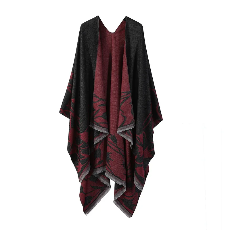 Winter tulip knitted shawl, pastoral style, with a slit design, can be worn as a scarf or cape for women