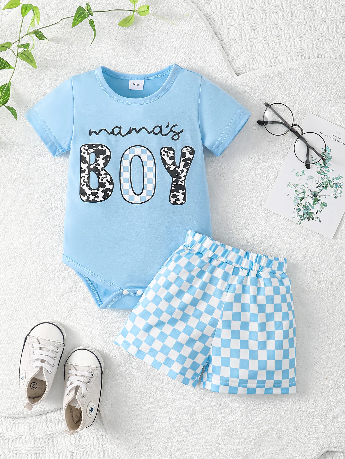 

Летний топ с буквенным принтом для маленьких мальчиков 0-1 лет и клетчатые шорты, повседневный комплект из 2 предметов