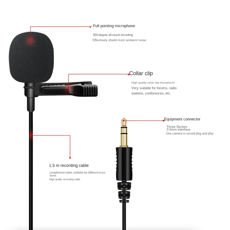 Omnidirectional Microphone 3.5mm Lavalier Tie Clip Microphones Mini Audio Mic for Camera Computer Laptop Phone