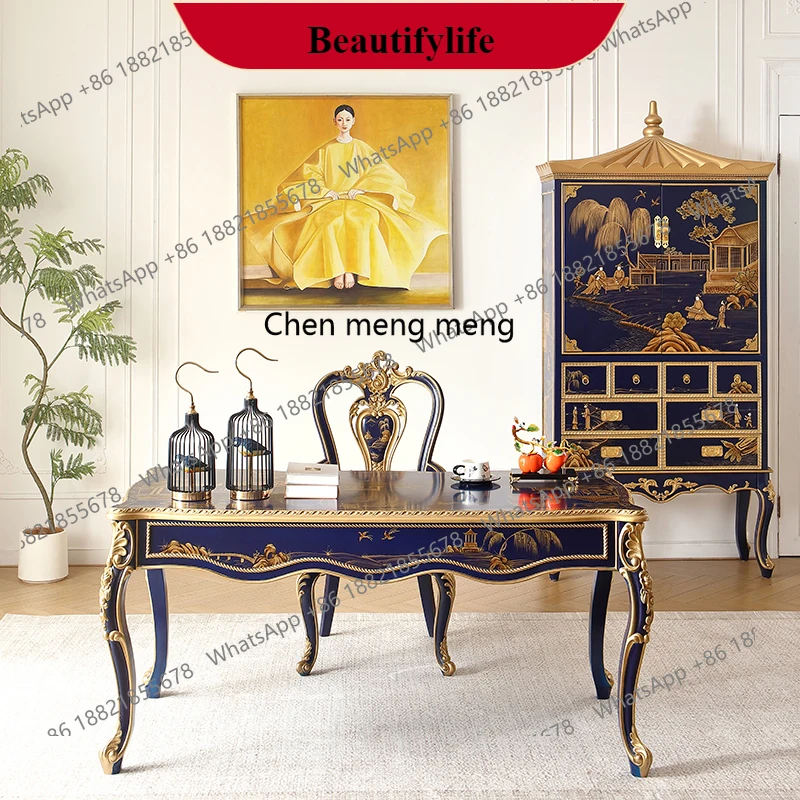 

G153 French Chinese style villa hand-painted solid wood rectangular dining table book table chair writing desk computer table