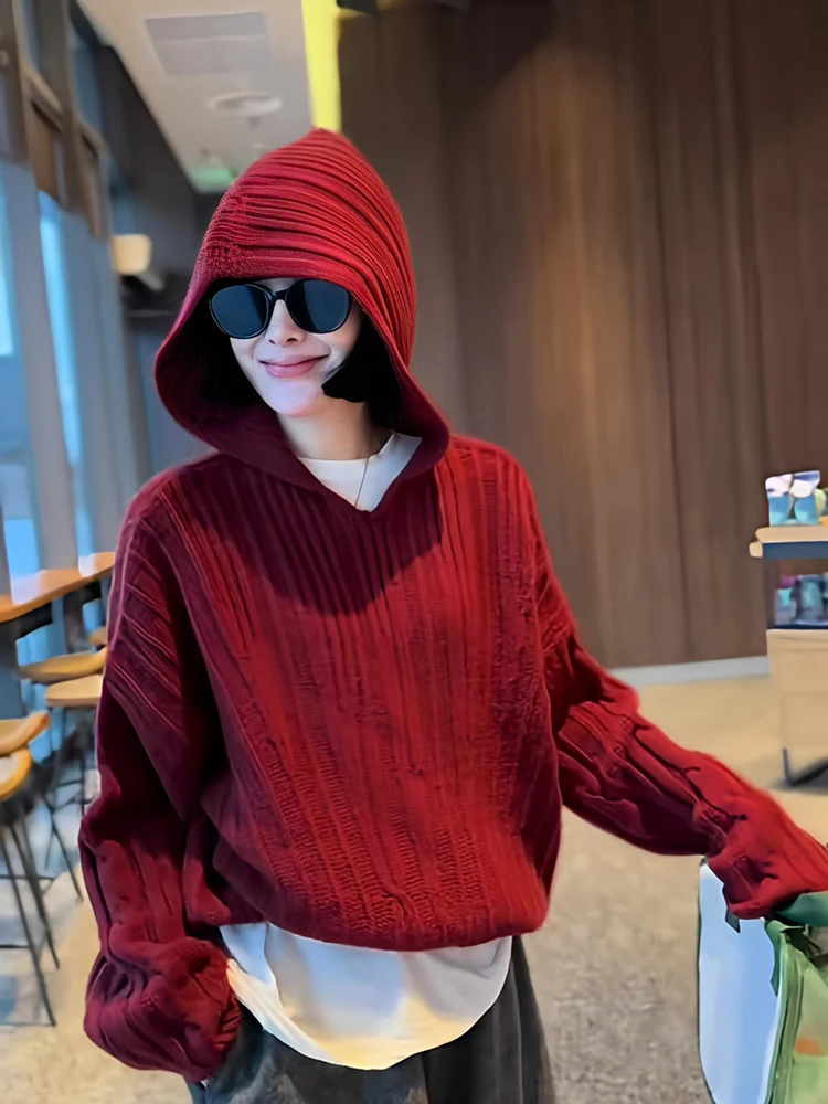 

Faionable Red Knitted Long Sve Hoodie Women's Casual Comfortable Korean Sle Oversized Camere Sweater Autumn Winter N...