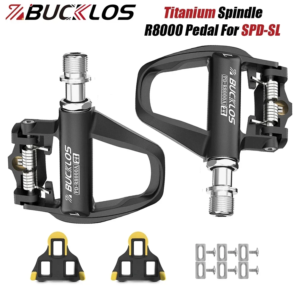 

BUCKLOS Bicycle Clipless Pedal for SPD-SL Titanium Spindle Road Bike Pedal Aluminum Bicycle Self-locking Pedal with Cleat