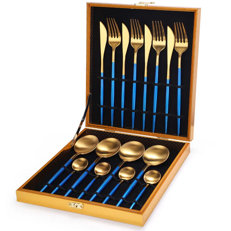 Wooden Gift Box Cutlery Tableware Covered Golden Stainless Steel Knife, Fork and Spoon Golden Cutlery 16 Pieces