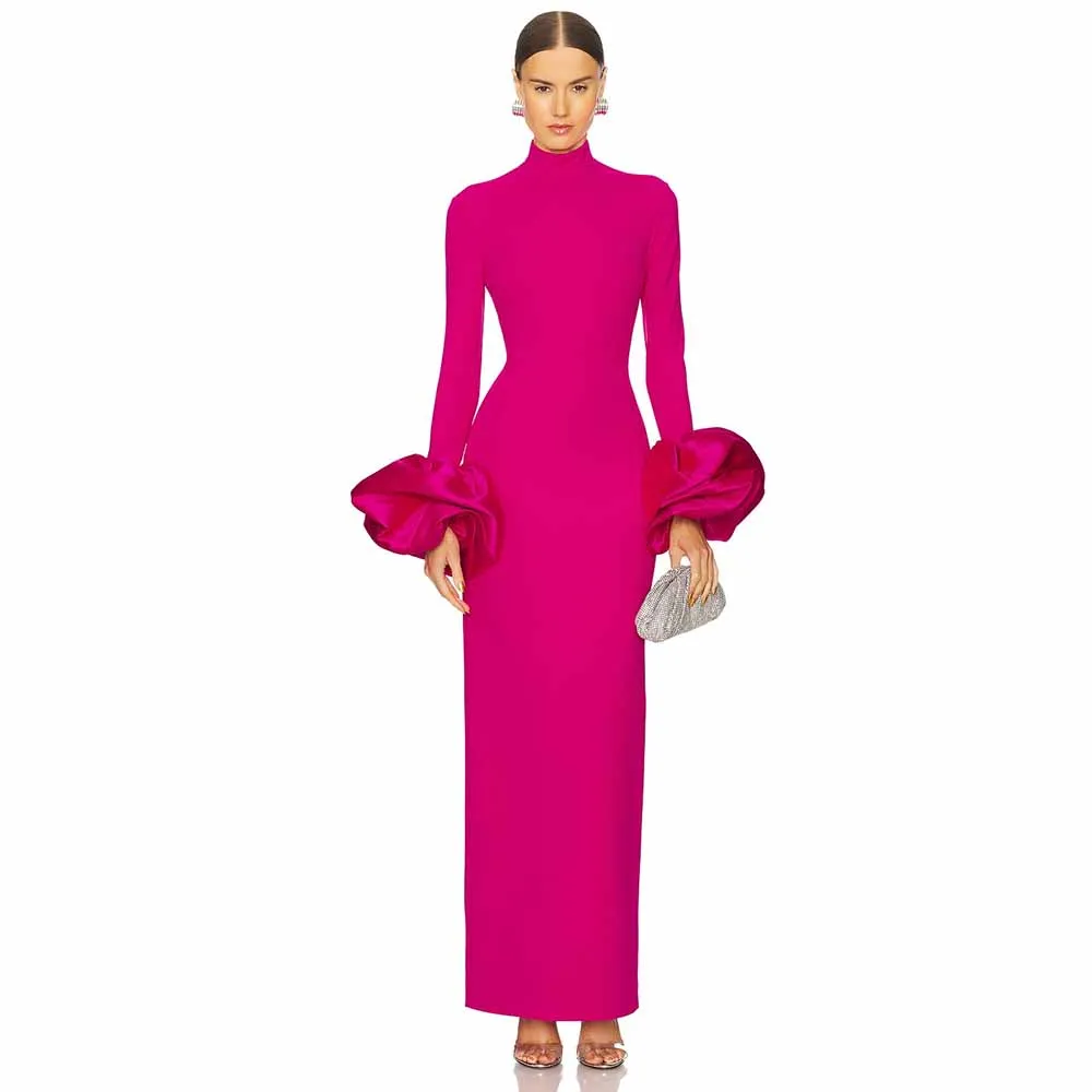 

Fuchsia Formal Evening Dresses Sheath/Column Jersey Celebrity Dress High Collar Pleat Puff Sleeve Valentine's Day Dress Maxi