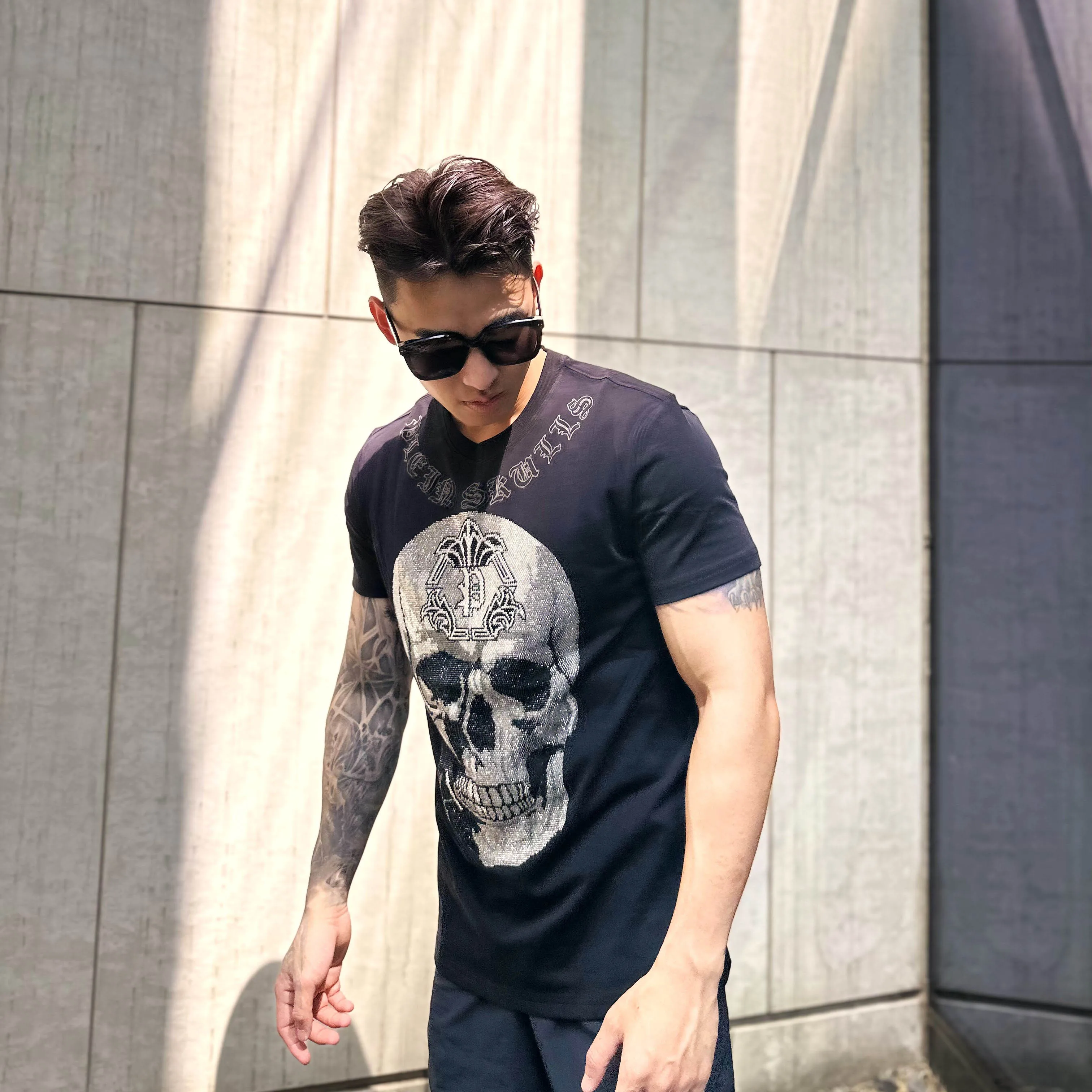 Alex Plein Skulls Rhinestones Crystals Streetwear Men\'s Fashion Clothing 2023 Summer RoundNeck Shortsleeve Tshirt Luxuary Cotton