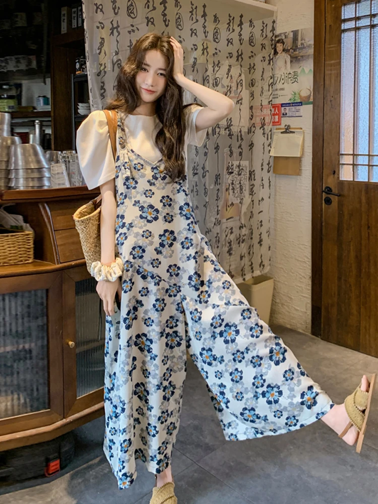 

Синие цельные брюки с цветочным принтом, женские свободные утягивающие летние широкие брюки, комплект, комбинезон, длинные брюки с высокой талией