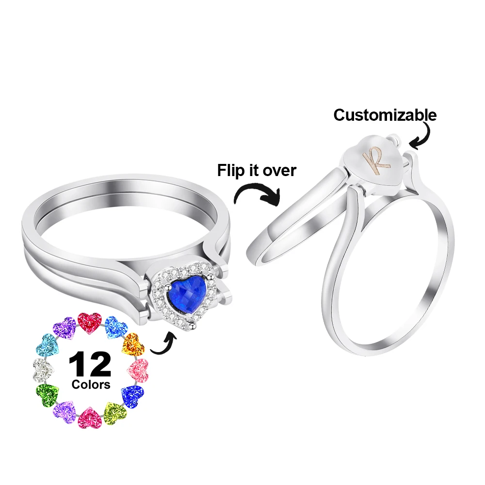 

Personalized Initial Birthstone Rings Two Ways to Wear Finger Rings Fashion Ring for Women Mother's Day Gift Wedding Party Gifts