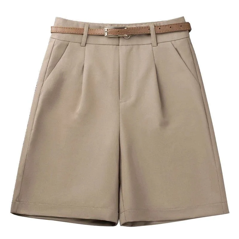 Khaki Casual Wide Leg Shorts Women Summer New Solid Loose Knee-Length Hot Pants Korean All-Match High Waist Suit Shorts Ladies