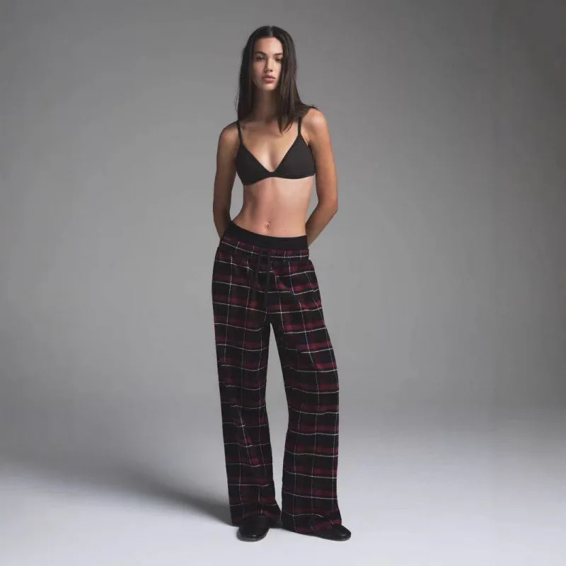 Loose Oversized Plaid Casual irt Jaet Double Waist Straight Leg Pants Women's Spring Faion Reflective Low Waist Zipper