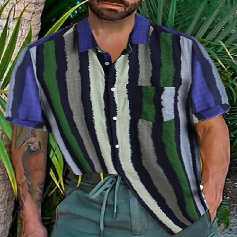 New South East Asia Men's Cotton Striped Color Strip Short Sleeve Shirt Beach Comfort Shirt